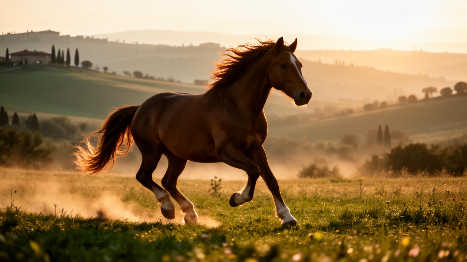 Cavallo al galoppo nella campagna toscana al tramonto